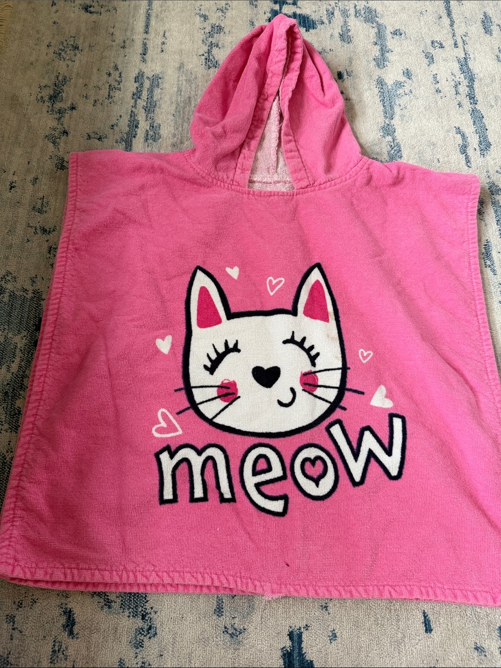Pink Kids Hooded Poncho Towel with Cute Cat 'Meow' Graphic
